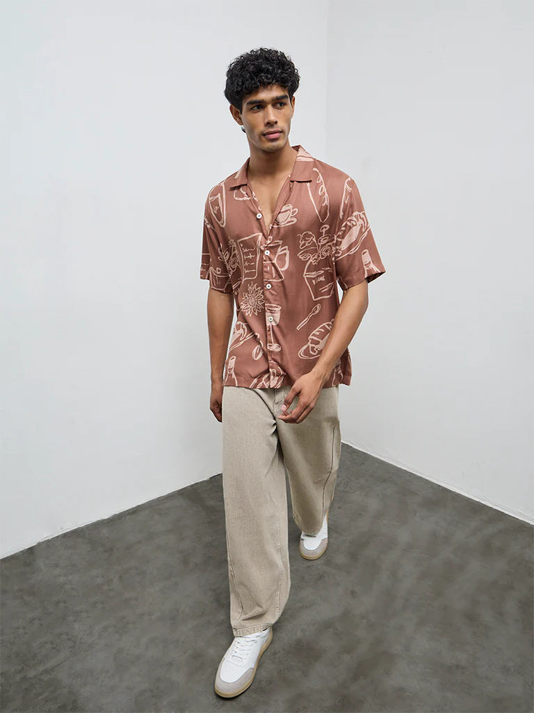 Nuon Brown Printed Relaxed-Fit Shirt - Image 2
