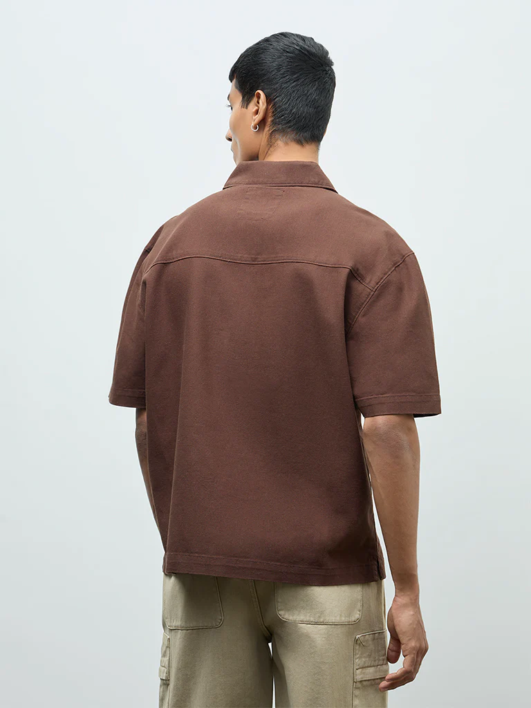 Nuon Brown Relaxed-Fit Cotton Quarter-Zip T-Shirt - Image 5