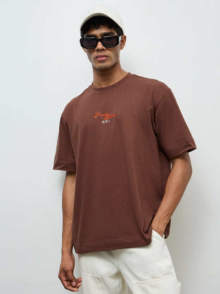 Nuon Brown Relaxed-Fit Cotton T-Shirt