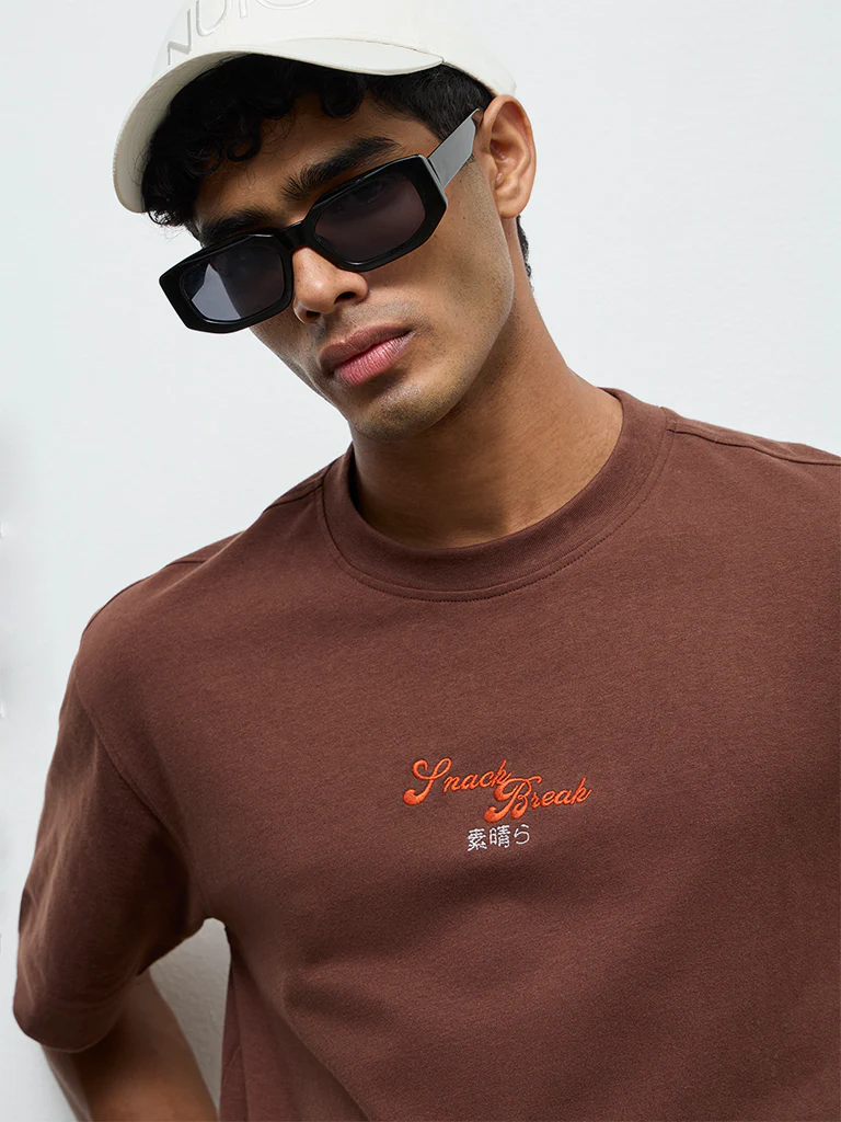 Nuon Brown Relaxed-Fit Cotton T-Shirt - Image 3