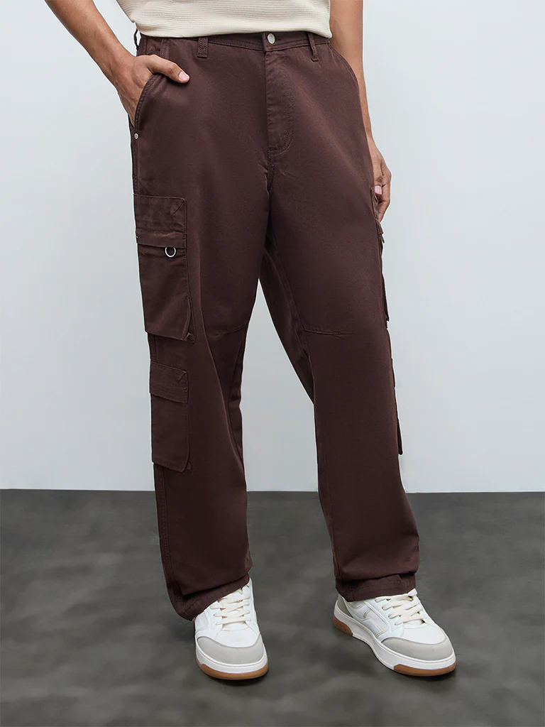 Nuon Brown Relaxed-Fit Mid-Rise Cotton Cargo Pants - Image 3