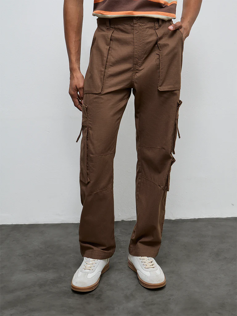Nuon Brown Relaxed-Fit Mid-Rise Cotton Cargo Pants - Image 2