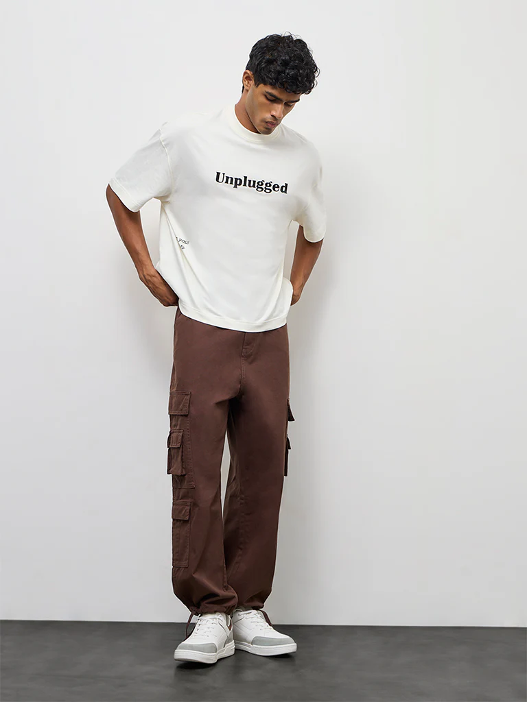 Nuon Brown Relaxed-Fit Mid-Rise Cotton Cargo Pants