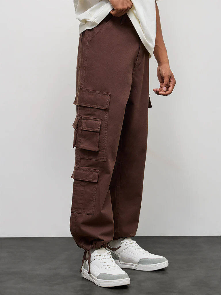 Nuon Brown Relaxed-Fit Mid-Rise Cotton Cargo Pants - Image 3