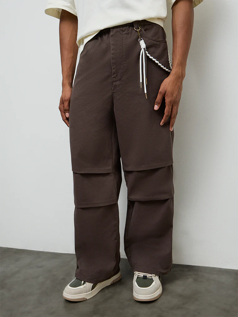 Nuon Brown Relaxed-Fit Mid-Rise Cotton Trousers with a Braided Cord - Image 2
