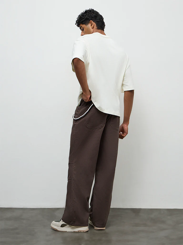 Nuon Brown Relaxed-Fit Mid-Rise Cotton Trousers with a Braided Cord - Image 4