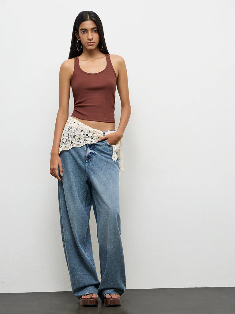 Nuon Brown Ribbed Cotton Tank Top - Image 2