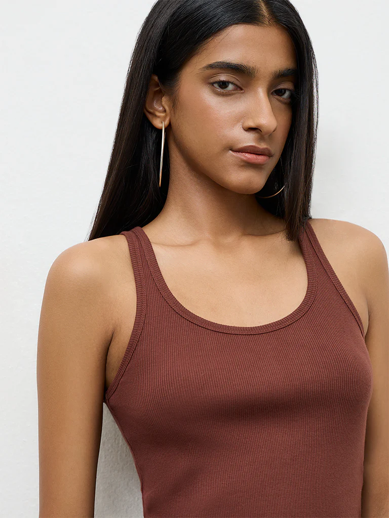 Nuon Brown Ribbed Cotton Tank Top - Image 3
