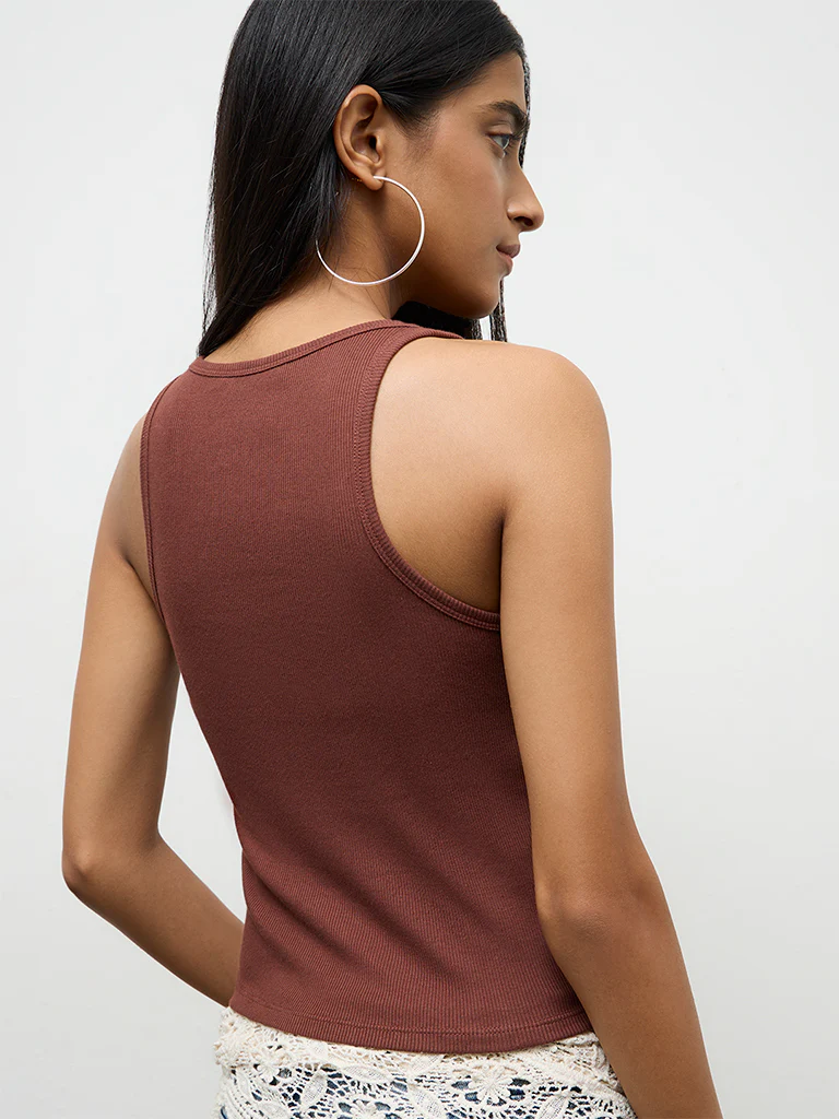 Nuon Brown Ribbed Cotton Tank Top - Image 4