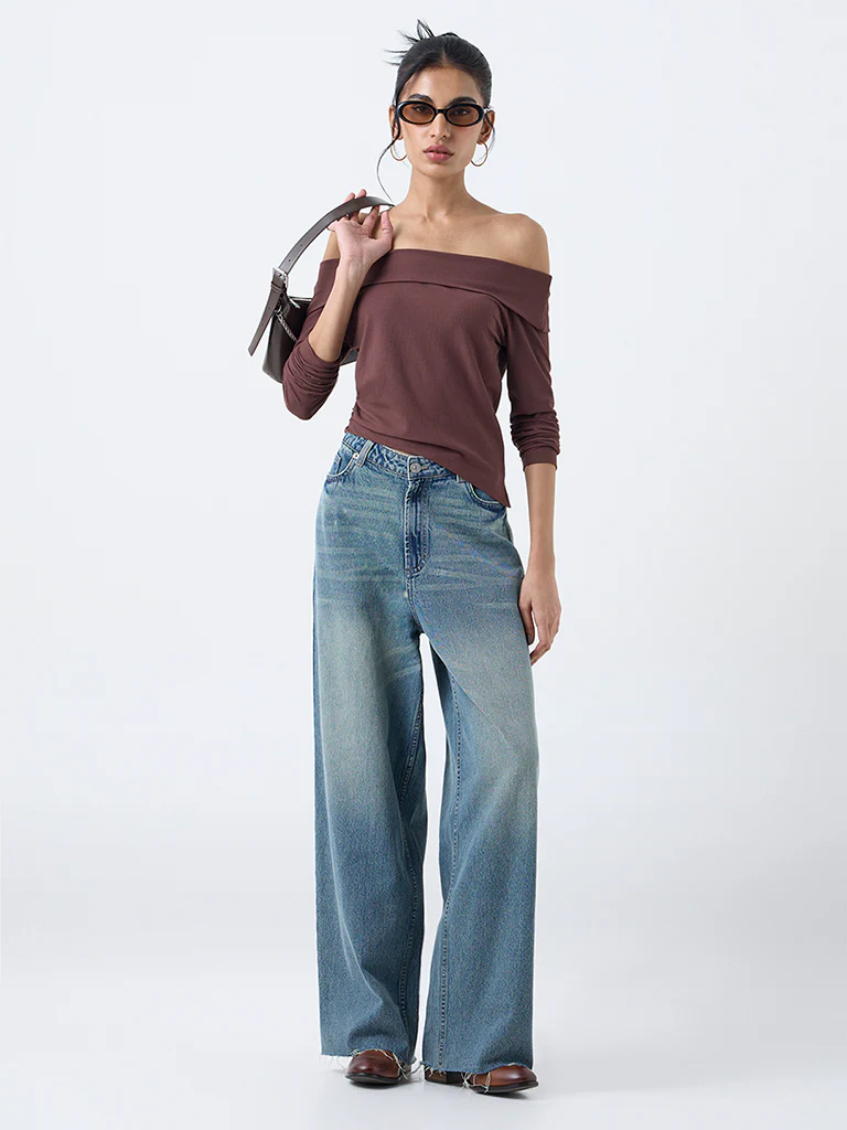 Nuon Brown Ribbed Off-Shoulder Cotton-Blend Top