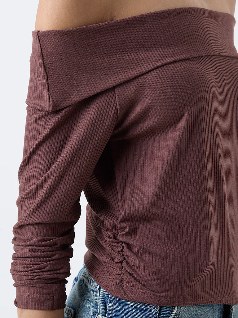 Nuon Brown Ribbed Off-Shoulder Cotton-Blend Top - Image 3