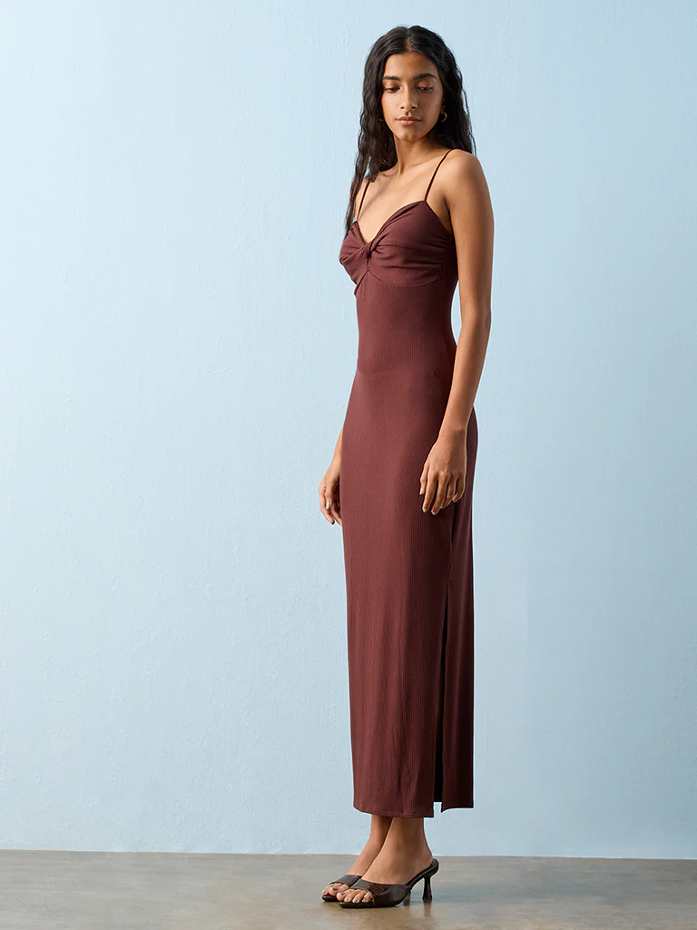 Nuon Brown Ribbed-Textured Bodycon Dress - Image 2