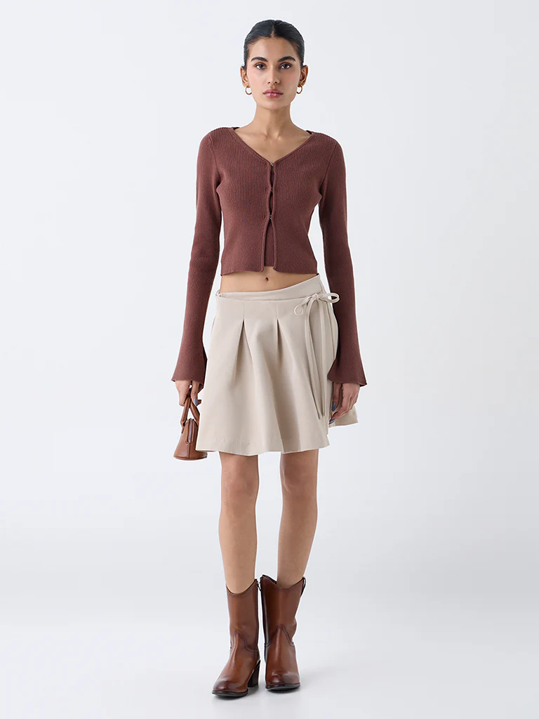 Nuon Brown Ribbed Textured Cardigan with Inner