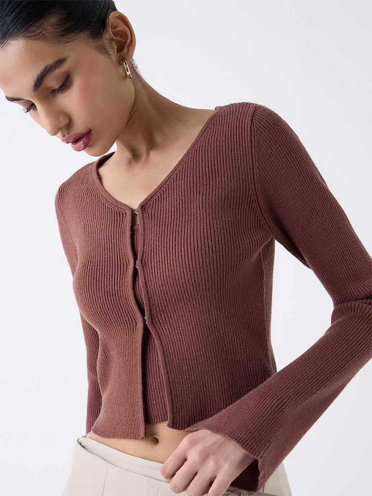 Nuon Brown Ribbed Textured Cardigan with Inner - Image 3