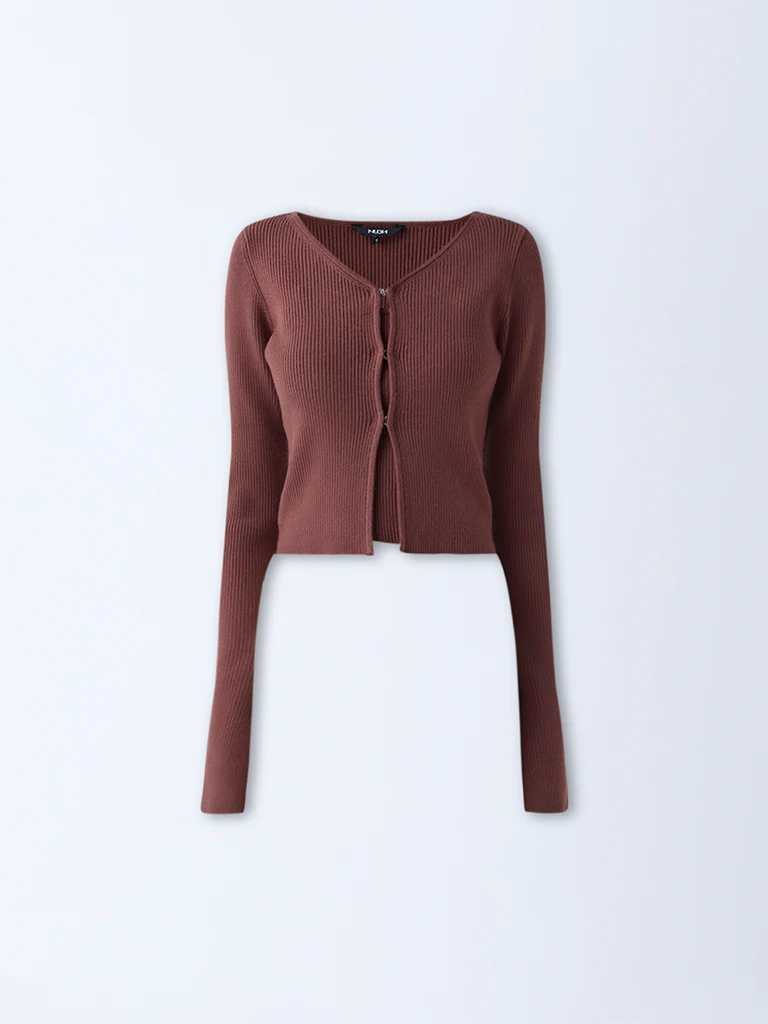 Nuon Brown Ribbed Textured Cardigan with Inner - Image 5