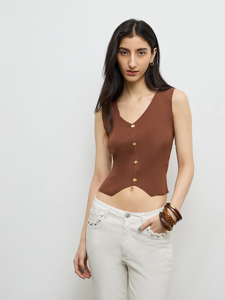 Nuon Brown Ribbed Top