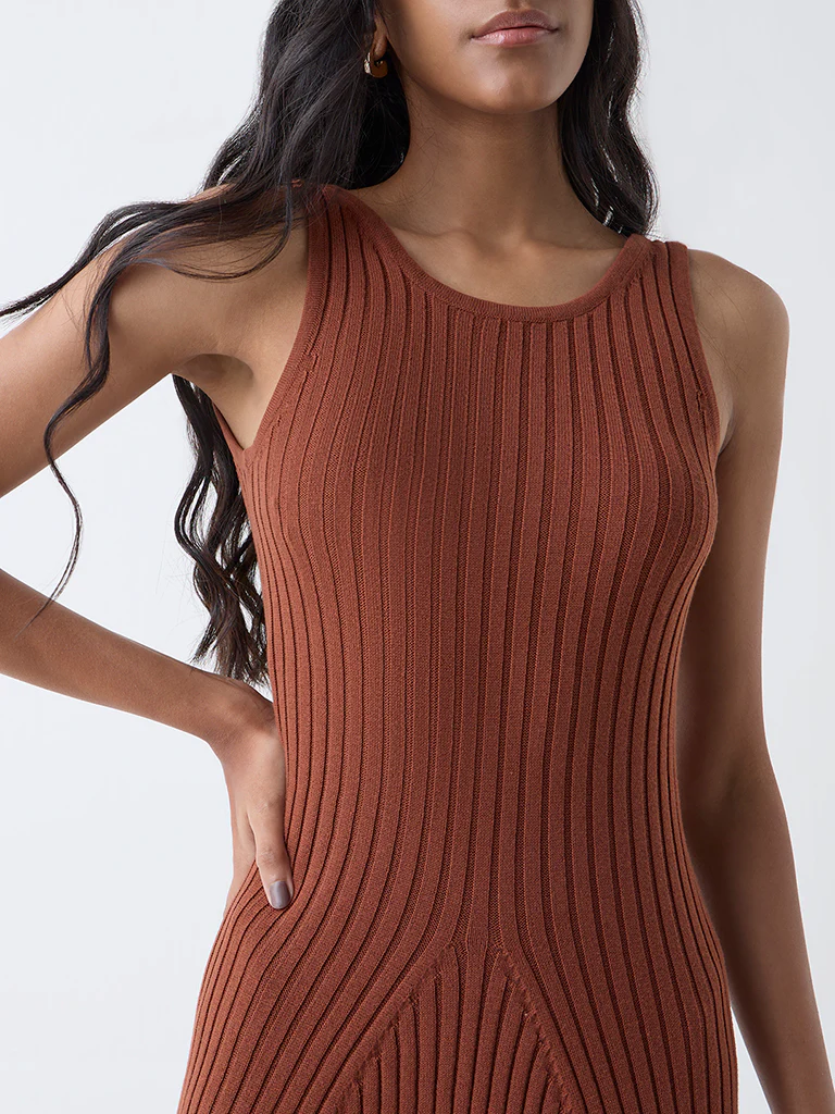 Nuon Brown Self-Striped Cotton A-Line Dress - Image 3