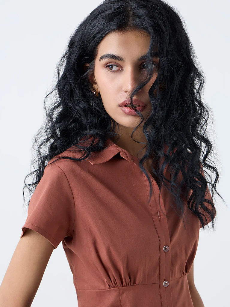Nuon Brown Smocked Cotton Shirt - Image 3