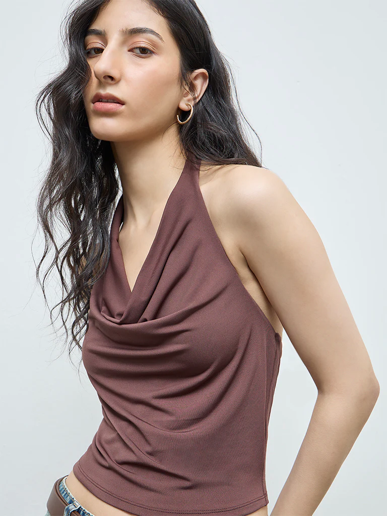 Nuon Brown Solid Cowl-Neck Top - Image 3