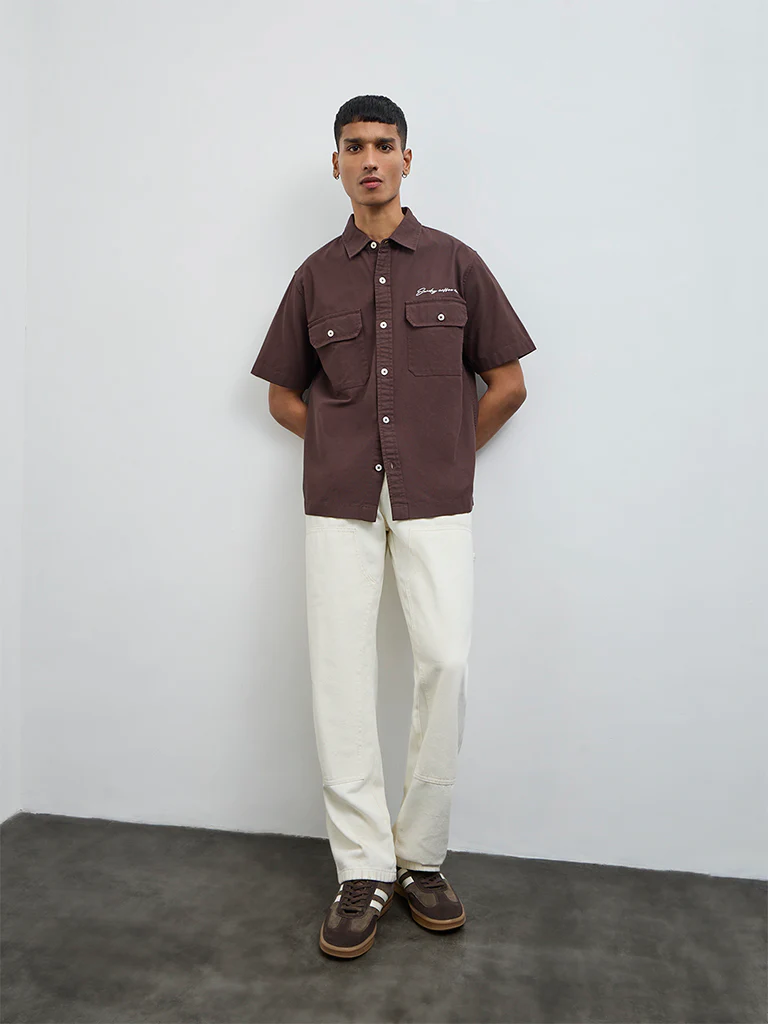 Nuon Brown Solid Relaxed-Fit Cotton Shirt - Image 2