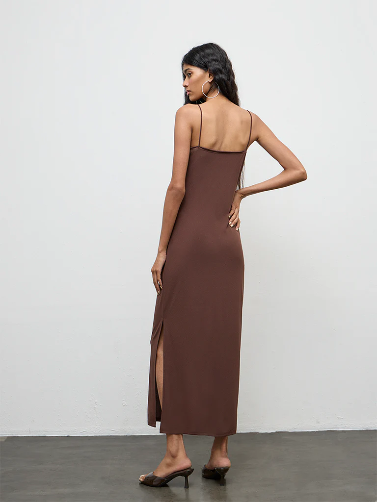 Nuon Brown Solid Slit-Detail Bodycon Dress - Image 4