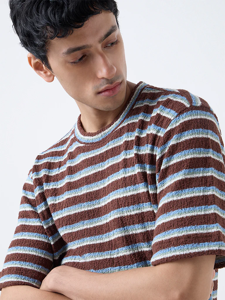 Nuon Brown Striped Relaxed-Fit Cotton-Blend T-Shirt - Image 3