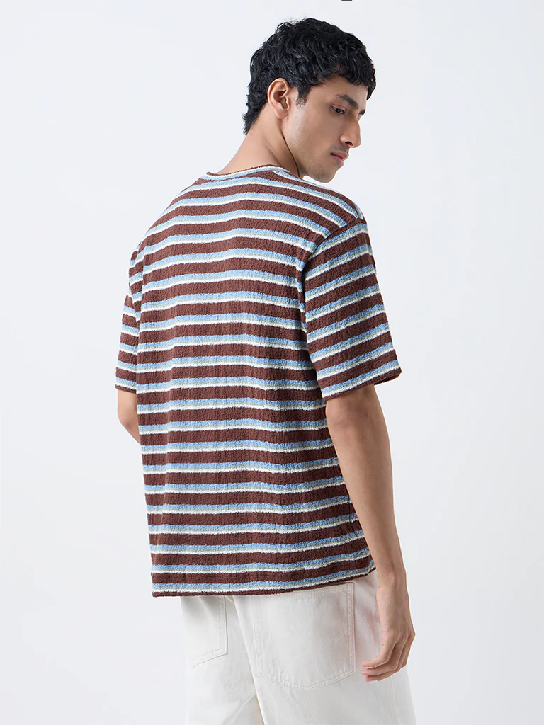 Nuon Brown Striped Relaxed-Fit Cotton-Blend T-Shirt - Image 4