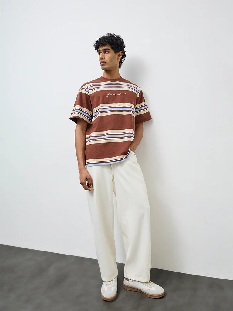 Nuon Brown Striped Relaxed-Fit Cotton T-Shirt - Image 2