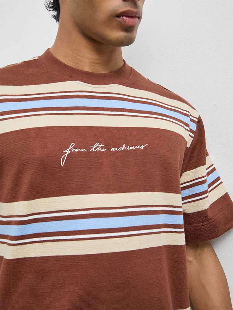 Nuon Brown Striped Relaxed-Fit Cotton T-Shirt - Image 3