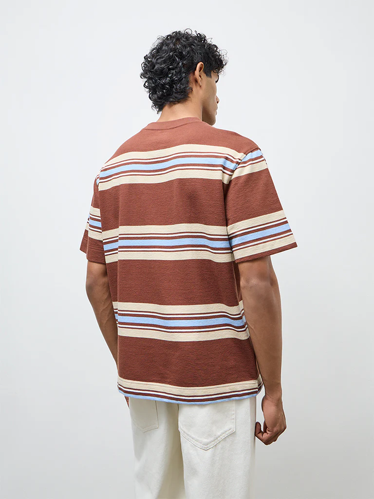 Nuon Brown Striped Relaxed-Fit Cotton T-Shirt - Image 4