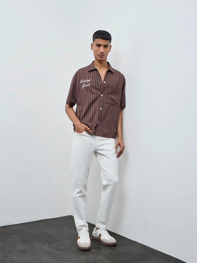 Nuon Brown Striped Relaxed-Fit Shirt