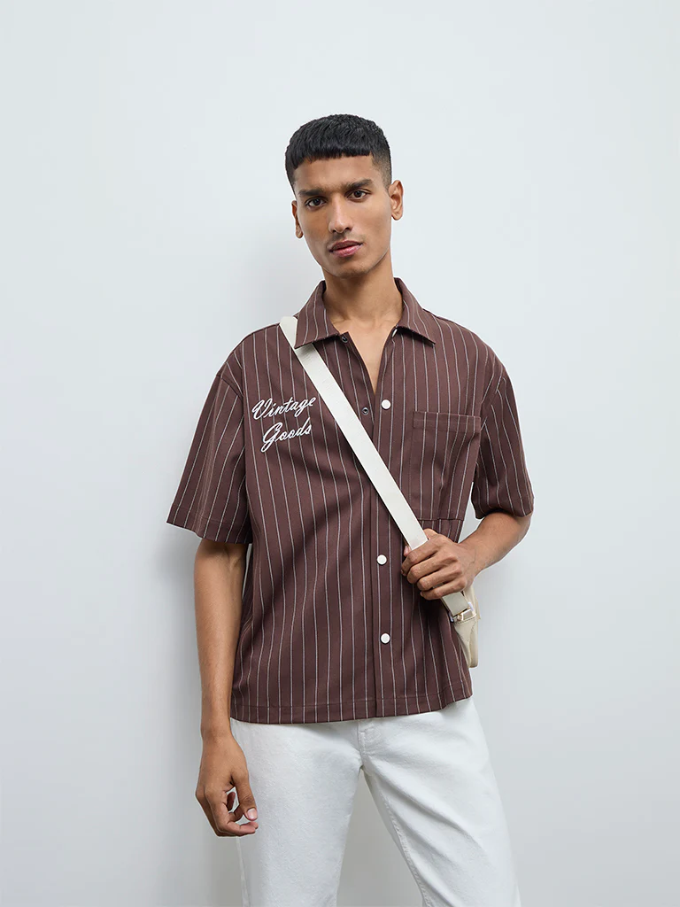 Nuon Brown Striped Relaxed-Fit Shirt - Image 2