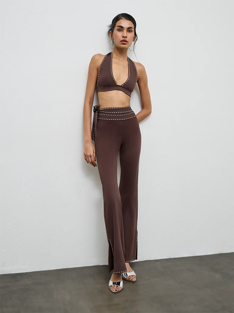Nuon Brown Stud-Detailed Bralette Top