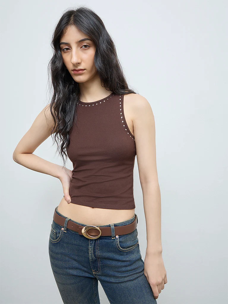 Nuon Brown Stud-Detailed Cotton-Blend Tank Top