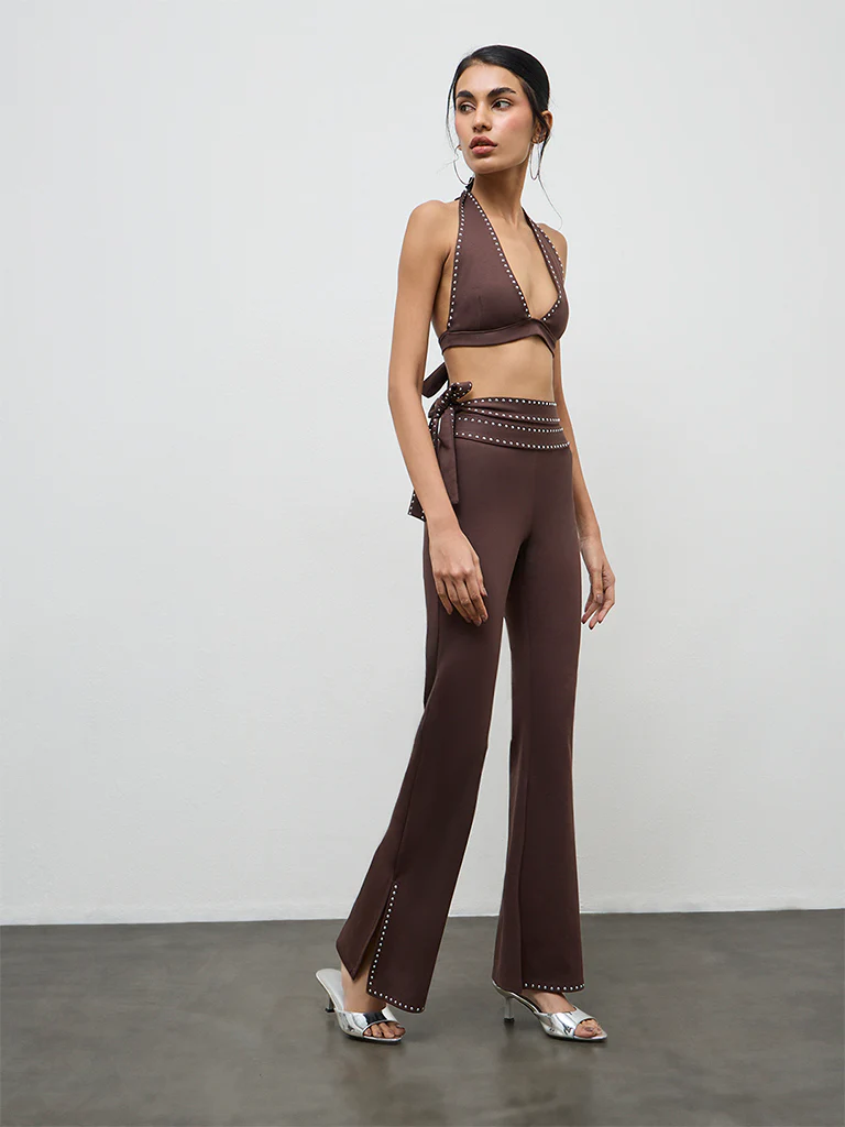 Nuon Brown Stud-Detailed High-Rise Trousers
