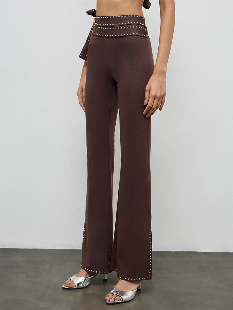 Nuon Brown Stud-Detailed High-Rise Trousers - Image 2