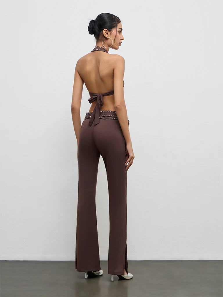 Nuon Brown Stud-Detailed High-Rise Trousers - Image 4