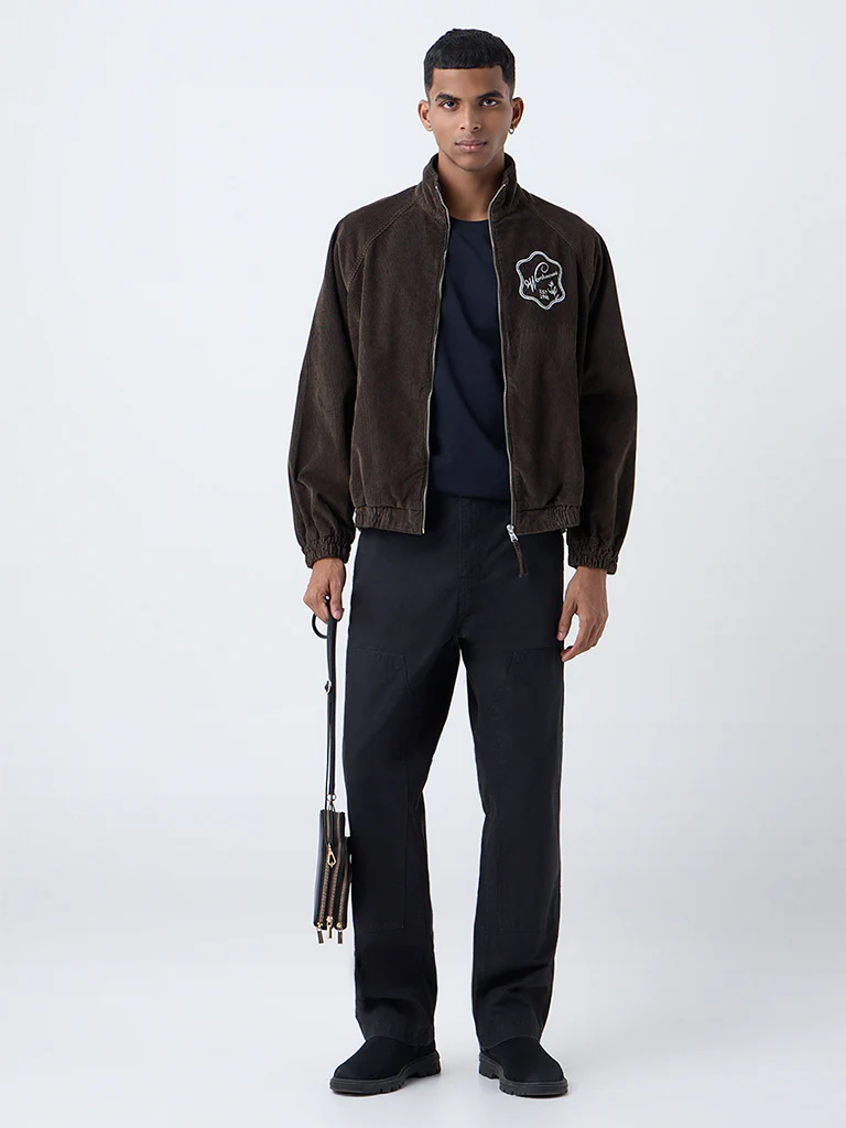 Nuon Brown Text Design Relaxed-Fit Corduroy Jacket