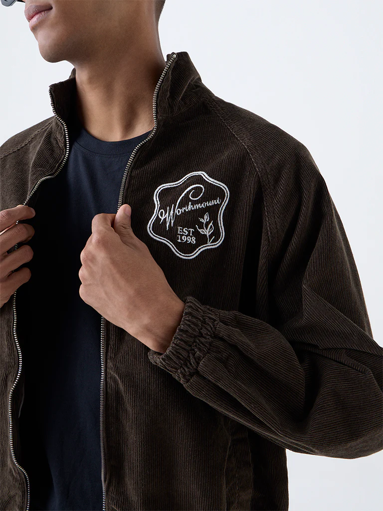 Nuon Brown Text Design Relaxed-Fit Corduroy Jacket - Image 3