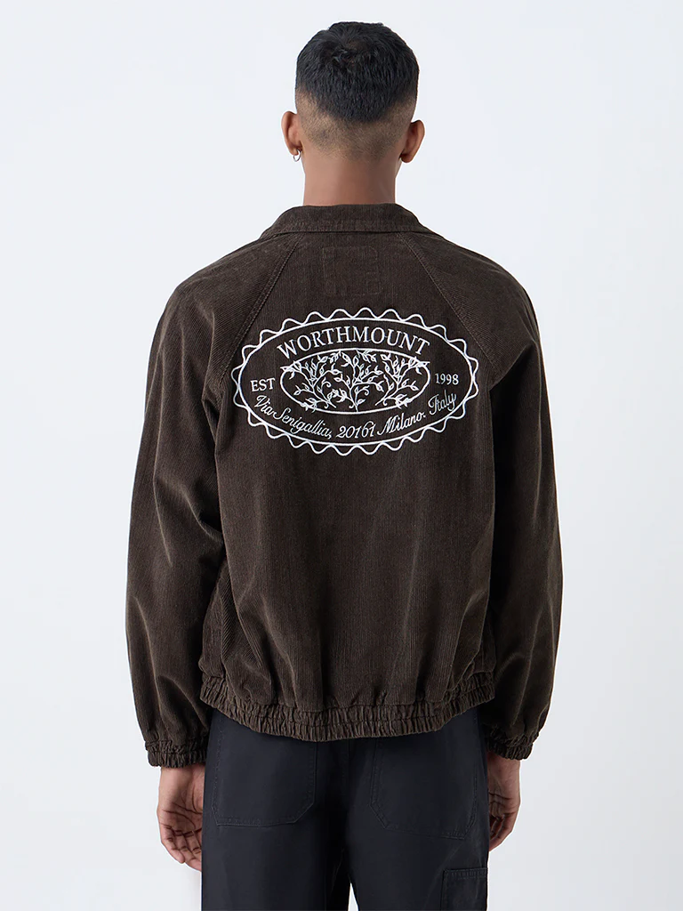 Nuon Brown Text Design Relaxed-Fit Corduroy Jacket - Image 4