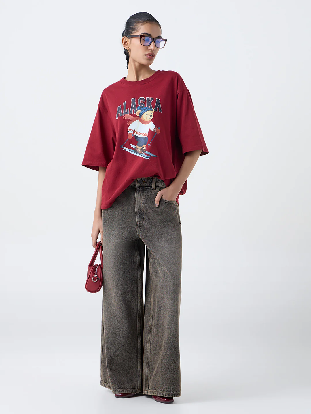 Nuon Burgundy Graphic Design Cotton T-Shirt