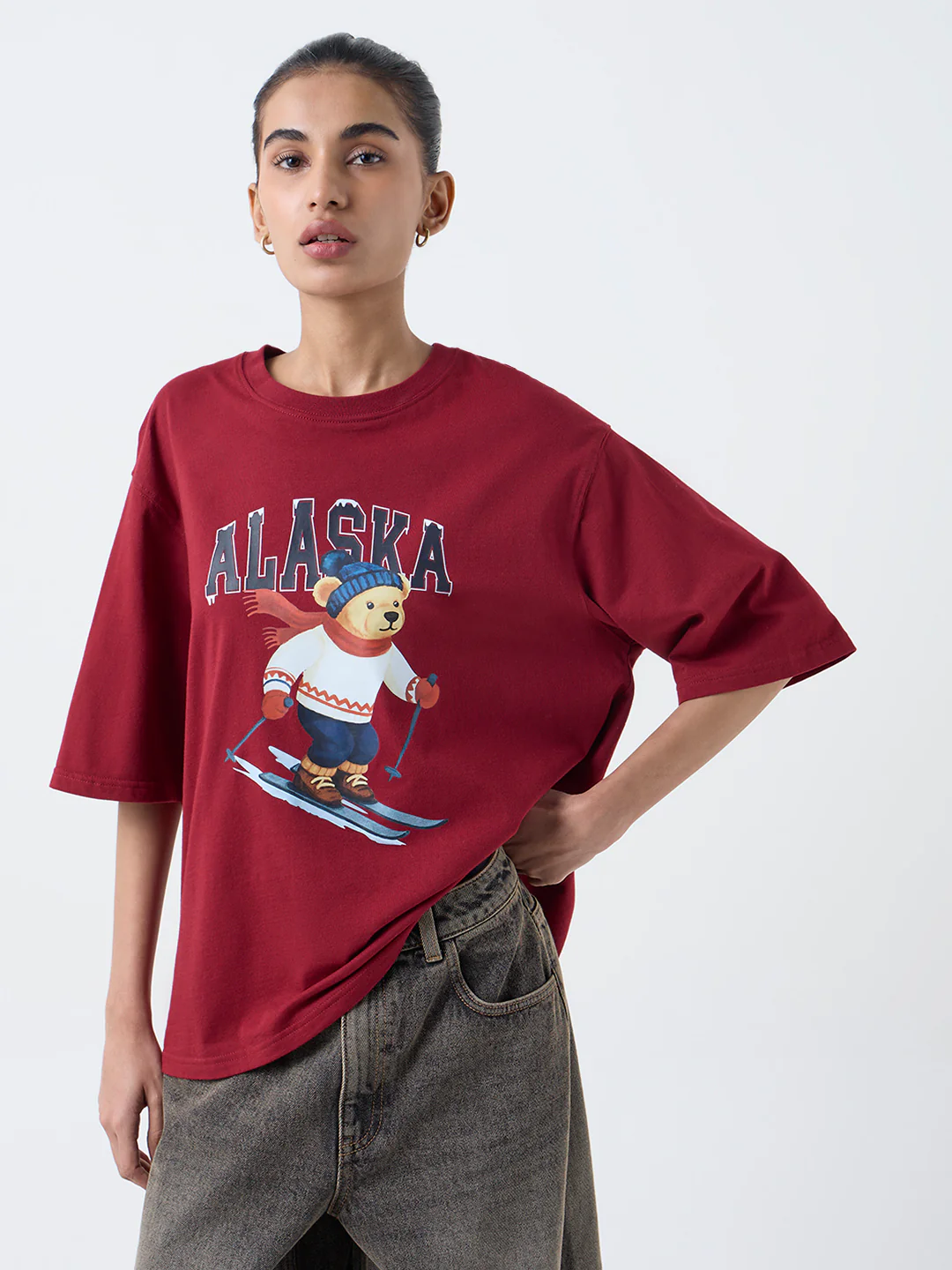 Nuon Burgundy Graphic Design Cotton T-Shirt - Image 2