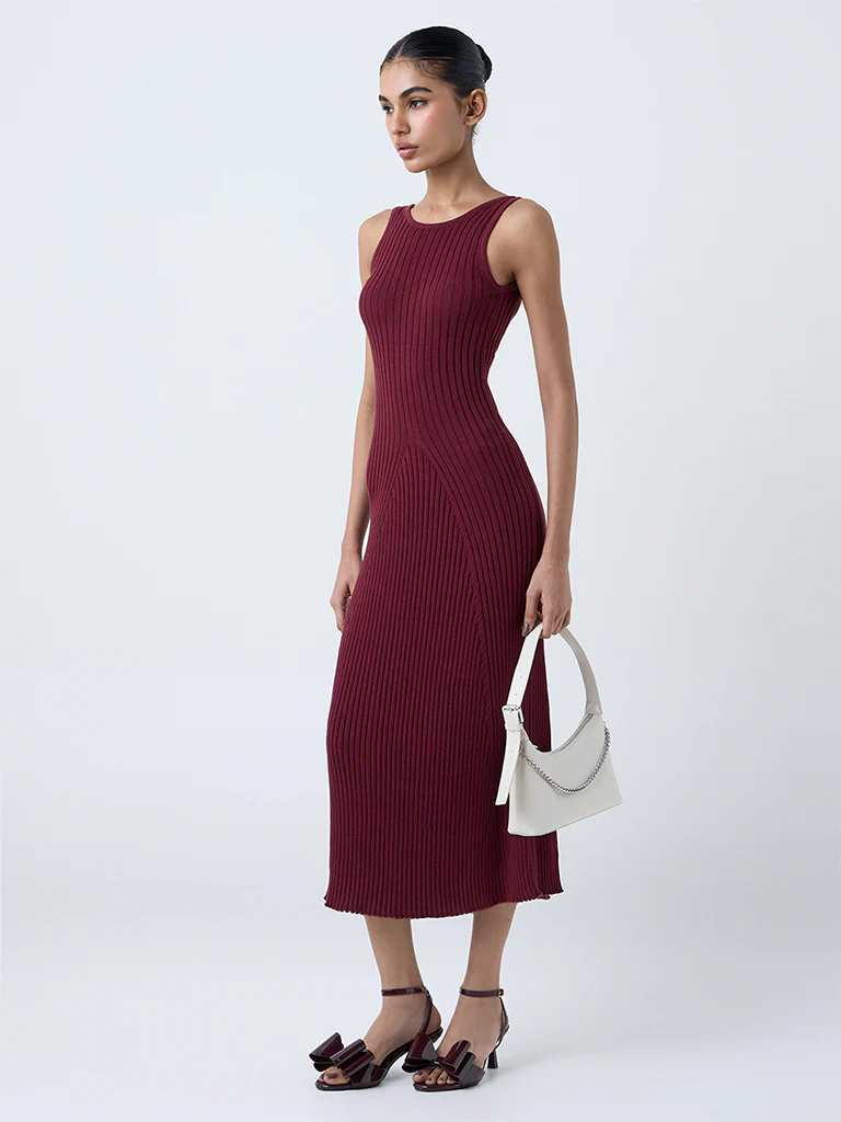 Nuon Burgundy Knitted Bodycon Cotton Dress - Image 2