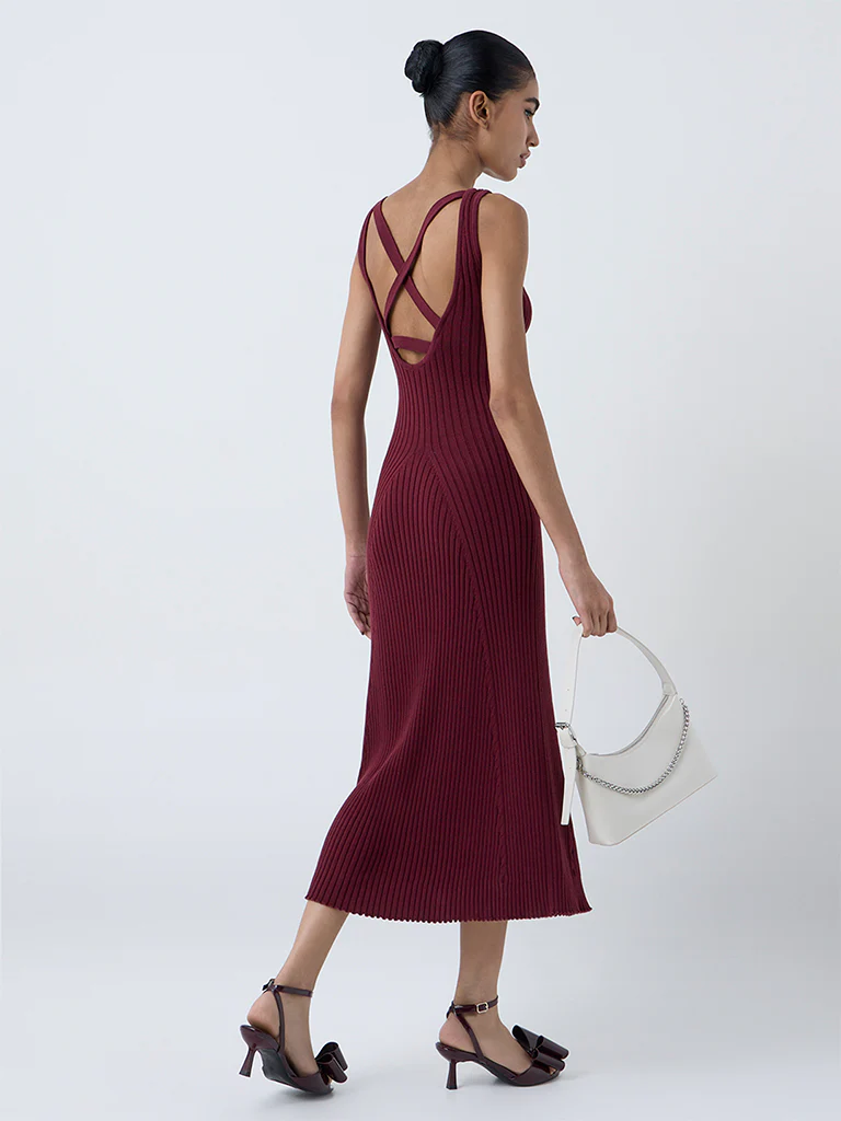 Nuon Burgundy Knitted Bodycon Cotton Dress - Image 4