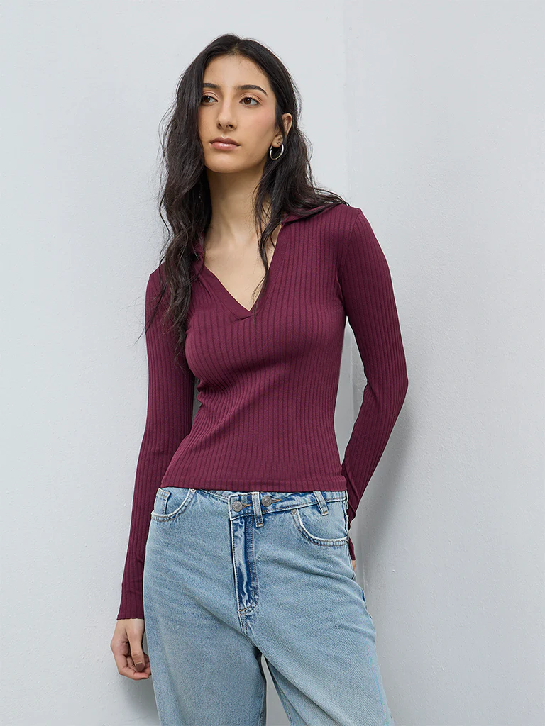 Nuon Burgundy Ribbed-Textured Top