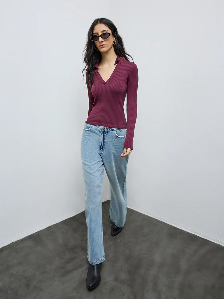 Nuon Burgundy Ribbed-Textured Top - Image 2