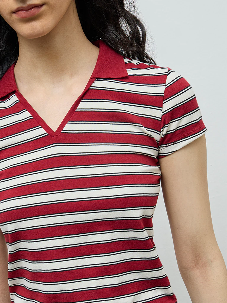 Nuon Burgundy Striped Cotton-Blend T-Shirt - Image 3