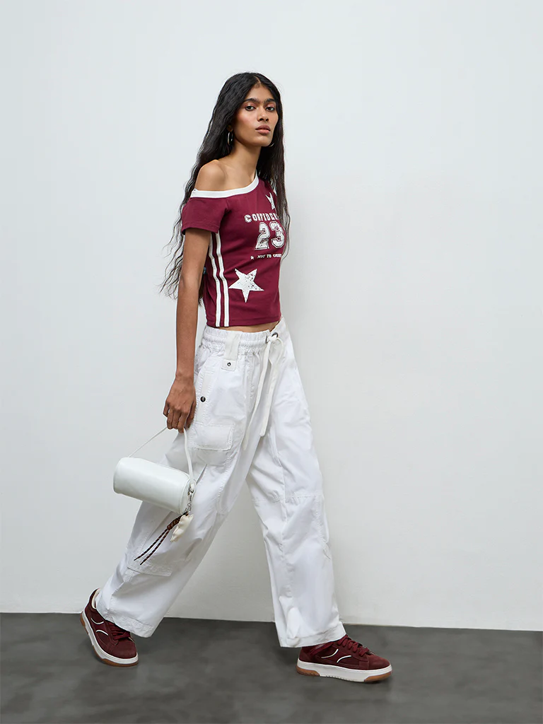 Nuon Burgundy Text Printed Cotton-Blend T-Shirt