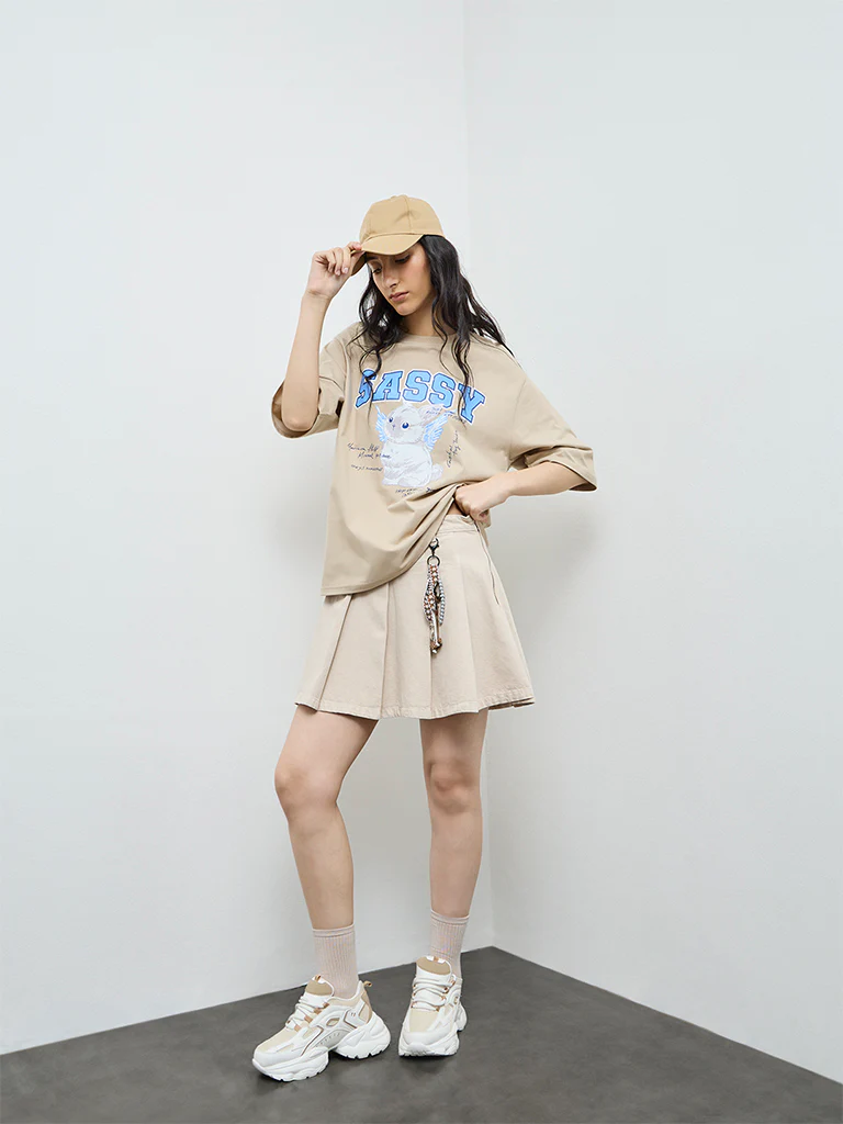 Nuon Beige Graphic Cotton T-Shirt