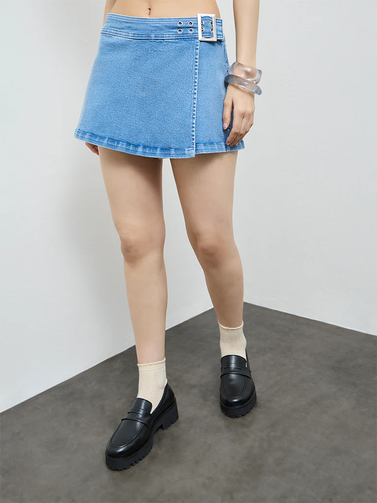 Nuon Blue Buckle-Detail High-Rise Denim Skorts - Image 2
